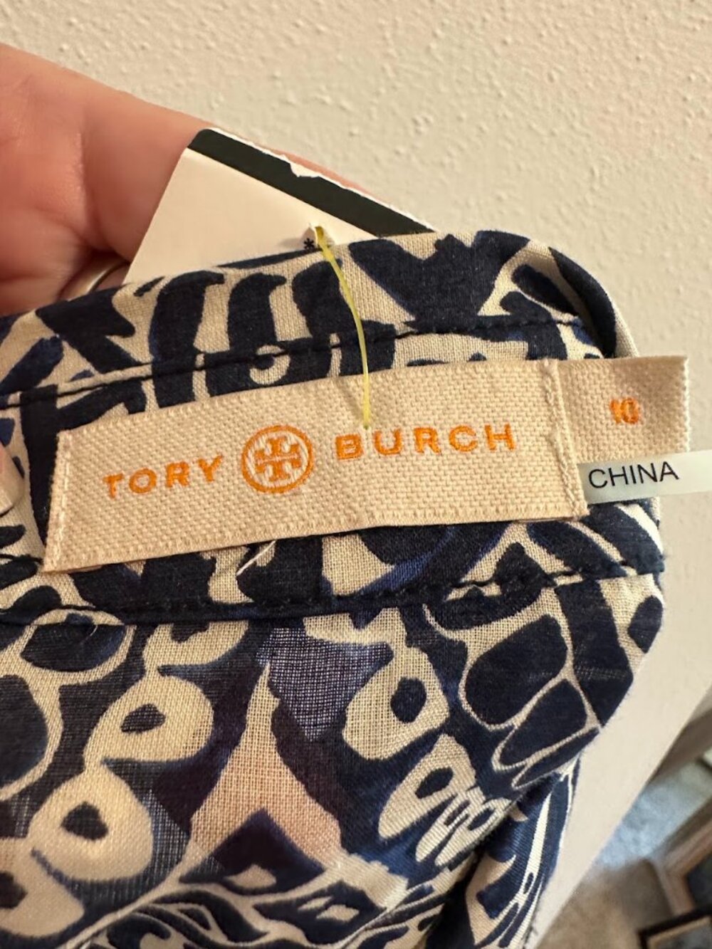 Tory Burch Cotton Geometric Print Button-Down Shirt Long Sleeve Navy Cream. 10 - Picture 3 of 7